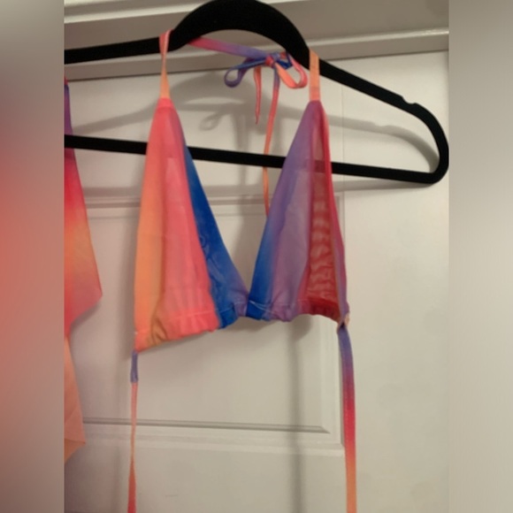 NIB Striped Pink Blue Sexy Halter Mesh Sheer Bikini 2 Piece Pants Outfit Large - Picture 8 of 11